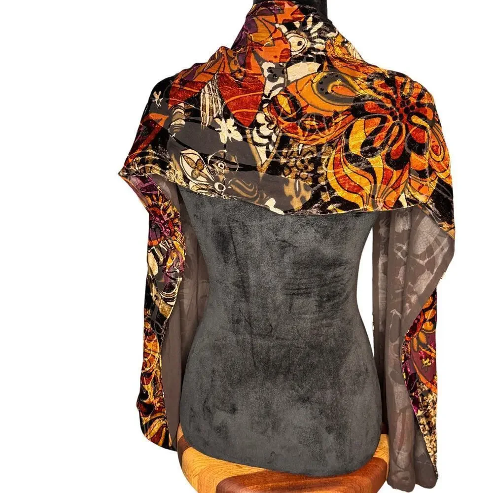 Boho Burnout Velvet Scarf 11x66 Black Sheer Floral Textured Long Wrap Shawl